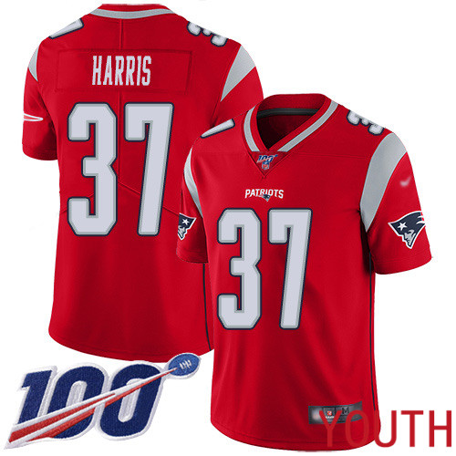 New England Patriots Football #37 100th Season Inverted Limited Red Youth Damien Harris NFL Jersey->youth nfl jersey->Youth Jersey